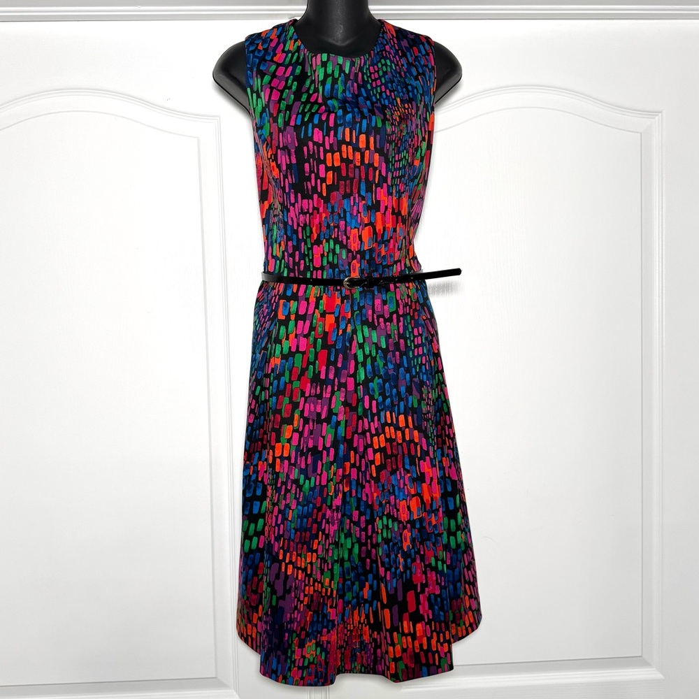 Ellen Tracy Bold Multicolor Abstract Print Sleeveless Belted Dress Size 14 - Picture 2 of 8